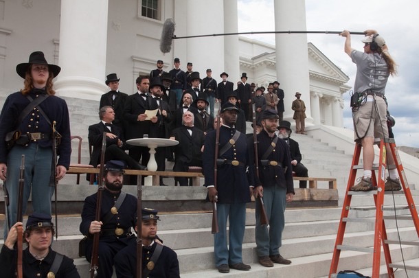 Boom Operator Doug Bischoff working on the set of the film Killing Lincoln